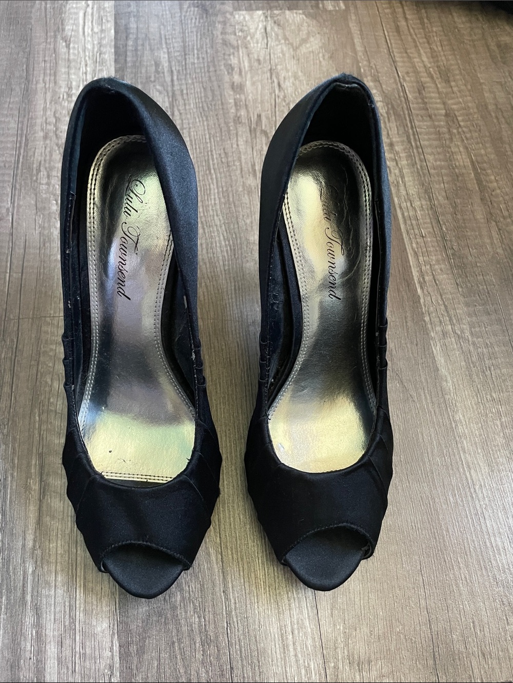 Lulu Townsend Black Satin Peep-Toe Heels